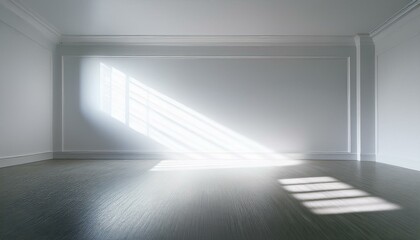 Obraz premium Sunlight streams into an empty room, illuminating the gray floor and white walls.