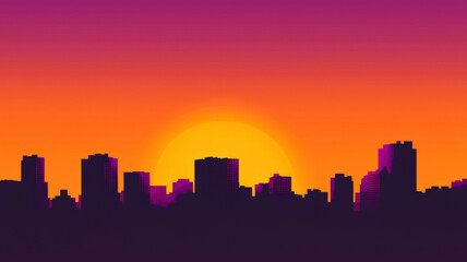 Naklejka premium A vibrant cityscape silhouette at sunset, with bold orange and purple tones blending across the sky, highlighting the skyline’s sharp edges in a dramatic, artistic composition.