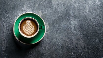 A cup of latte art coffee on a green saucer.