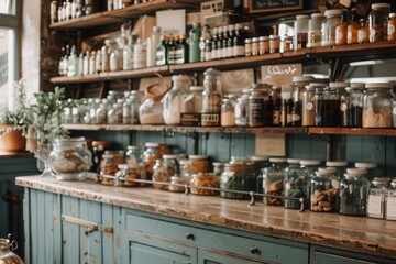 A rustic pantry filled with jars of various ingredients and products for cooking and baking.