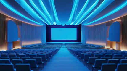 A futuristic conference hall featuring blue lighting and a large screen, embodying a modern design concept.