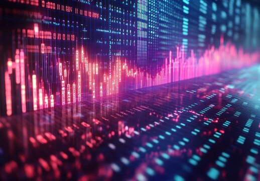 Futuristic Cyberpunk Financial Data Visualization with Stock Market Trends and Economic Indicators