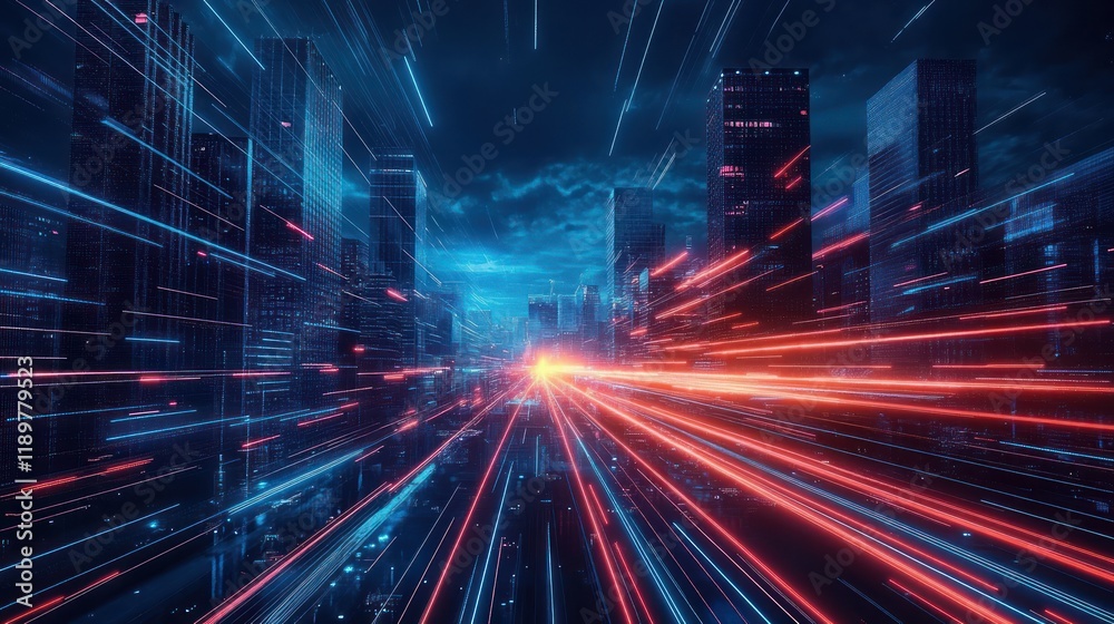 Aufkleber Futuristic Cityscape 3D Rendering of Hyperloop Transit with Neon Lights and Motion in a Dynamic Mega City