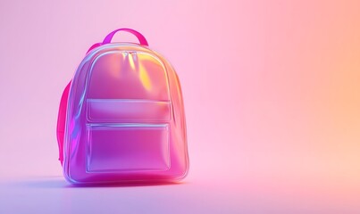 Fototapeta premium Holographic pink backpack on pink background.