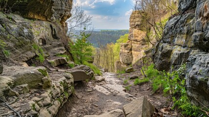 Obraz premium A scenic view of a rocky trail leading to a lush valley under a bright sky.