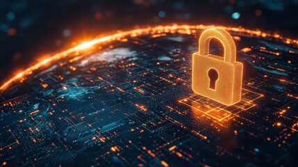 A globe with a digital padlock over a circuit board, set against a dark background.