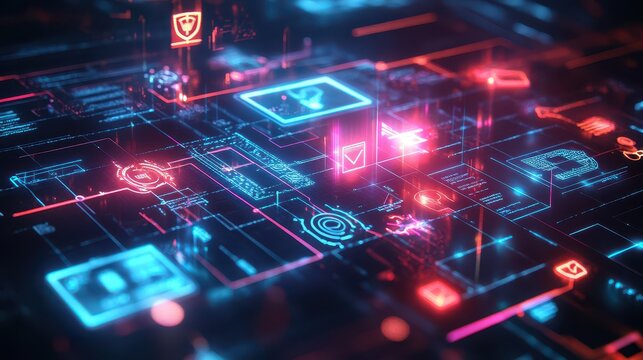 A glowing risk management hologram featuring safety icons and indicators, designed to emphasize the importance of safety protocols and risk assessment in a digital environment.