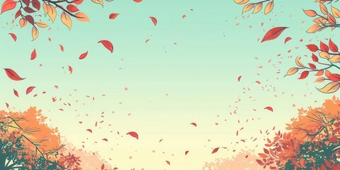 Obraz premium A serene autumn landscape with colorful leaves falling against a soft gradient sky.