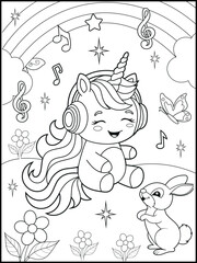 Printable Unicorn coloring page for kids.A cute unicorn wearing headphones and listening to music . Black and white unicorn cartoon characters for children's activity books.