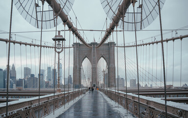 Fototapeta premium New York city Brooklyn bridge view with snow 