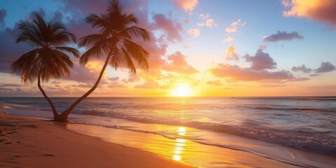 A serene beach at sunset with palm trees and gentle waves.