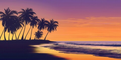 Fototapeta premium A serene beach scene at sunset with silhouetted palm trees and gentle waves.