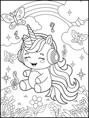 Printable Unicorn coloring page for kids.A cute unicorn wearing headphones and listening to music . Black and white unicorn cartoon characters for children's activity books.