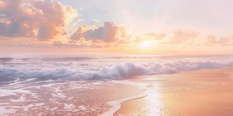Fototapeta premium A serene beach scene at sunset, with gentle waves and colorful clouds reflecting the fading light.