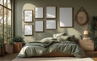 Minimalist Cozy Bedroom with Olive Green Duvet and Wooden Furniture