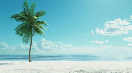 Fototapeta premium A serene beach scene featuring a palm tree against a bright blue sky and calm ocean waters.