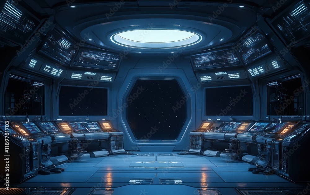 Poster futuristic control room with high-tech machinery and cyberpunk aesthetic in a sleek metallic environ