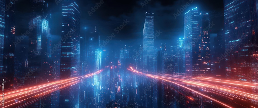 Poster futuristic cityscape at night with warp speed hyperloop and neon light streaks in cyberpunk style