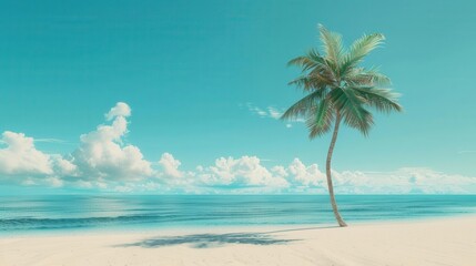 A serene beach scene with a single palm tree under a bright sky and calm ocean.