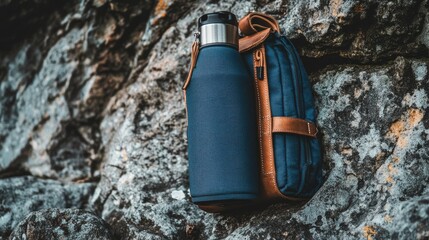 A compact travel water bottle in a backpack side pocket on a rocky mountain trail.