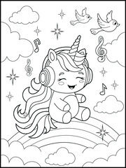 Printable Unicorn coloring page for kids.A cute unicorn wearing headphones and listening to music . Black and white unicorn cartoon characters for children's activity books.