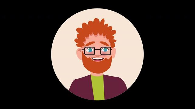 A friendly animated character with curly orange hair and glasses, wearing a green shirt and maroon jacket.