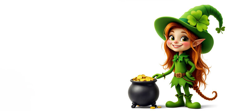 Green cartoon leprechaun woman in suit and hat with clover holding a cast iron pot with gold coins for Saint Patrick's Day on white background. Saint Patrick holiday banner, background