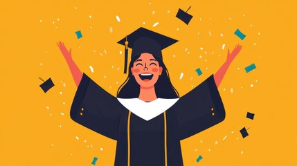 A joyful European woman in graduation attire, celebrating her educational success with a bright and triumphant expression.