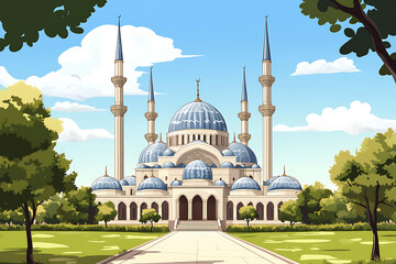 Fototapeta premium A beautifully designed mosque with multiple minarets and a large dome, set in a green landscape.