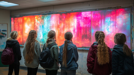 Fototapeta premium Diverse Group of Students Designing New Media Artworks in a Classroom