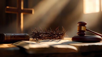 A crown of thorns, wooden cross, bible, and gavel arranged on a table, symbolizing faith and justice, bathed in soft light. Thornshade. Illustration