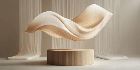 Minimalist Podium for Beauty Product Presentation with Flowing White Fabric and Wooden Display