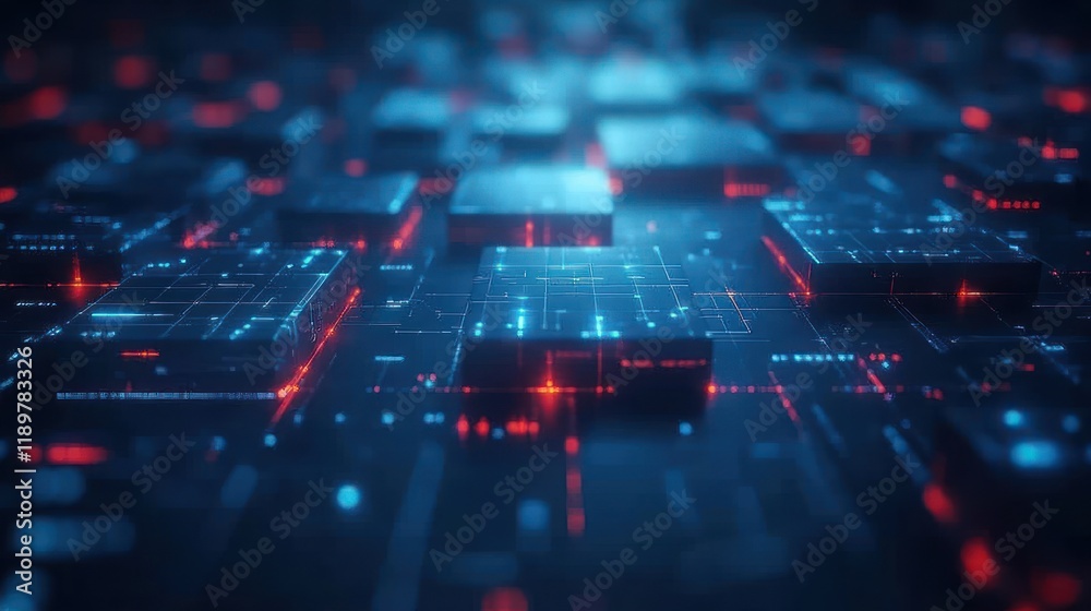 Poster Futuristic Abstract 3D Digital Blocks with Glowing Lights for Technology and Programming Interface