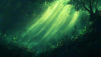 Fototapeta premium A dark green background with light rays and ethereal shapes, evoking an otherworldly atmosphere.