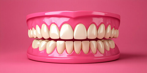 Obraz premium Close-up of a 3D-rendered model of a perfect set of teeth in a pink denture.