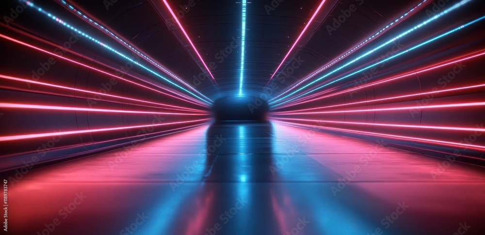 Poster Futuristic Neon Corridor with Glowing Lines and Reflections Dynamic Motion Blur Perspective