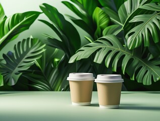 Fototapeta premium Eco-friendly disposable coffee cups in a green setting with lush tropical leaves, promoting sustainable packaging and environmentally conscious living for modern cafes and beverage businesses