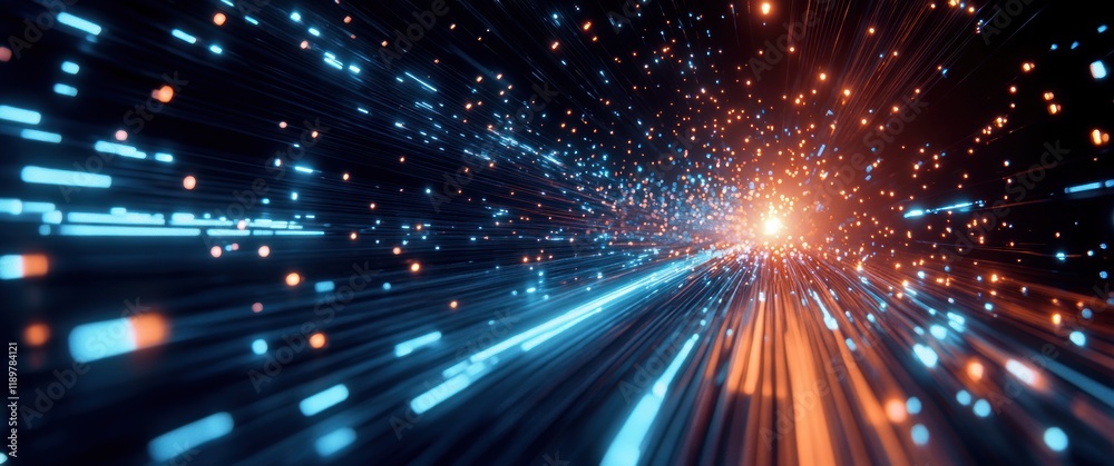 Poster futuristic hyperloop transport in mega city at night with neon light trails and dynamic motion