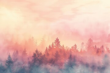 Obraz premium A serene forest landscape with mist and pastel colors, evoking tranquility and nature's beauty.