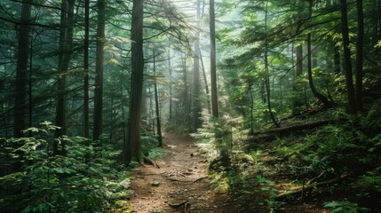 Obraz premium A serene forest path illuminated by soft sunlight, inviting exploration and connection with nature.