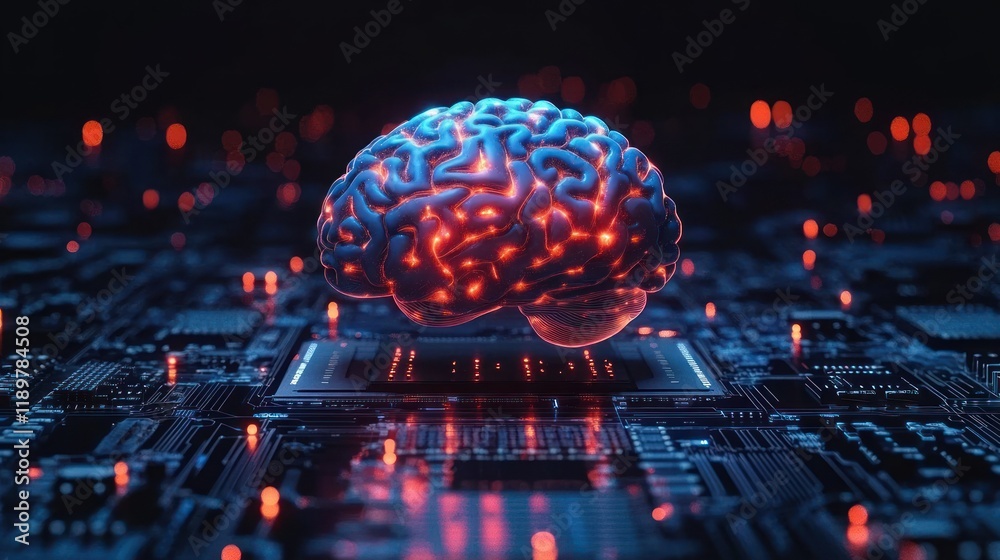 Fototapete glowing brain on circuit board for ai computing deep learning technology concept