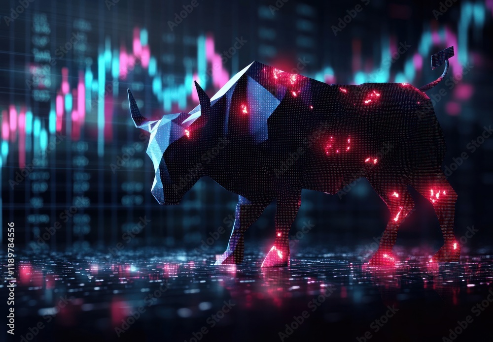 Aufkleber geometric bull silhouette in low-poly style illuminated by neon lights with digital stock market gra