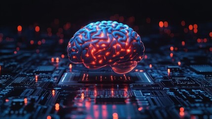 Naklejka premium Glowing Brain on Circuit Board for AI Computing Deep Learning Technology Concept