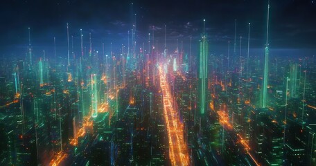 Obraz premium Futuristic Cyberpunk Cityscape with Neon Lights and Dynamic Grids in a High Contrast Night Setting