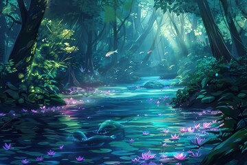 Fototapeta premium A serene forest scene featuring a tranquil stream adorned with lily pads and dappled sunlight.