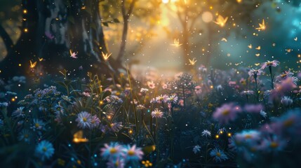 Fototapeta premium A serene forest scene filled with vibrant flowers and glowing lights, evoking a magical atmosphere.