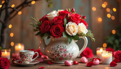 Fototapeta premium Flowers in a teapot with candles and romantic decorations, Valentine's Day concept