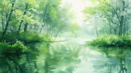 Obraz premium A serene forest scene with a calm river reflecting lush greenery and soft light.