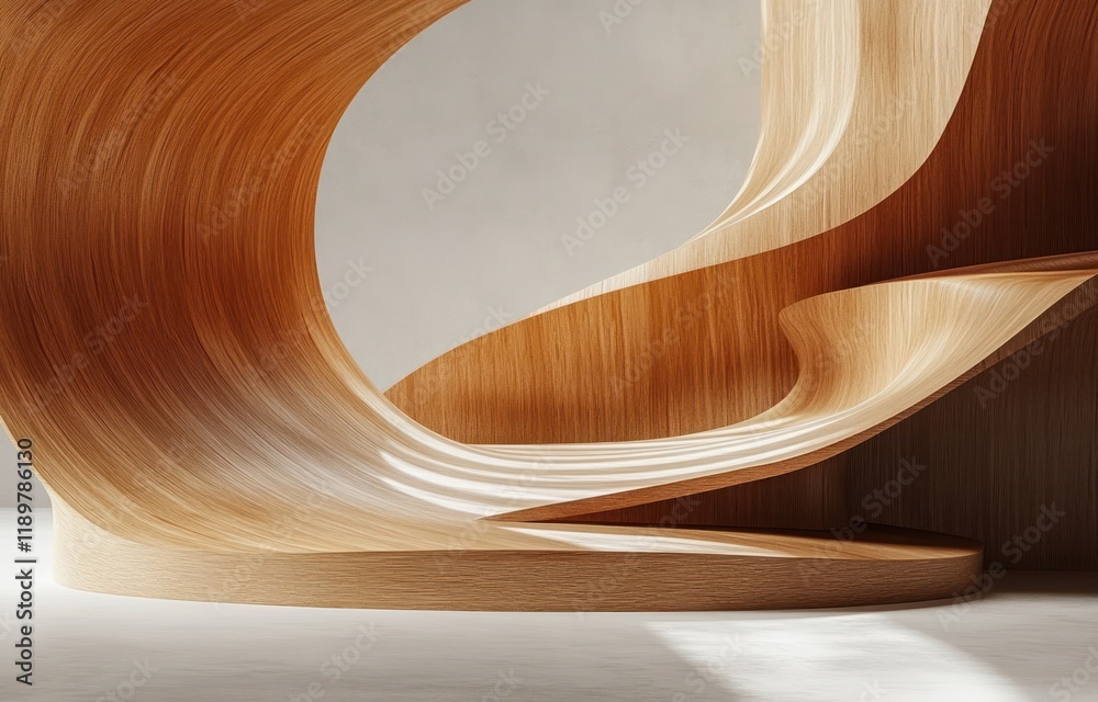Poster minimalist 3d background with wooden curves and soft lighting for cosmetic product display