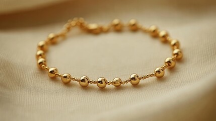 Obraz premium A golden anklet with tiny bells resting on a light-colored fabric background.